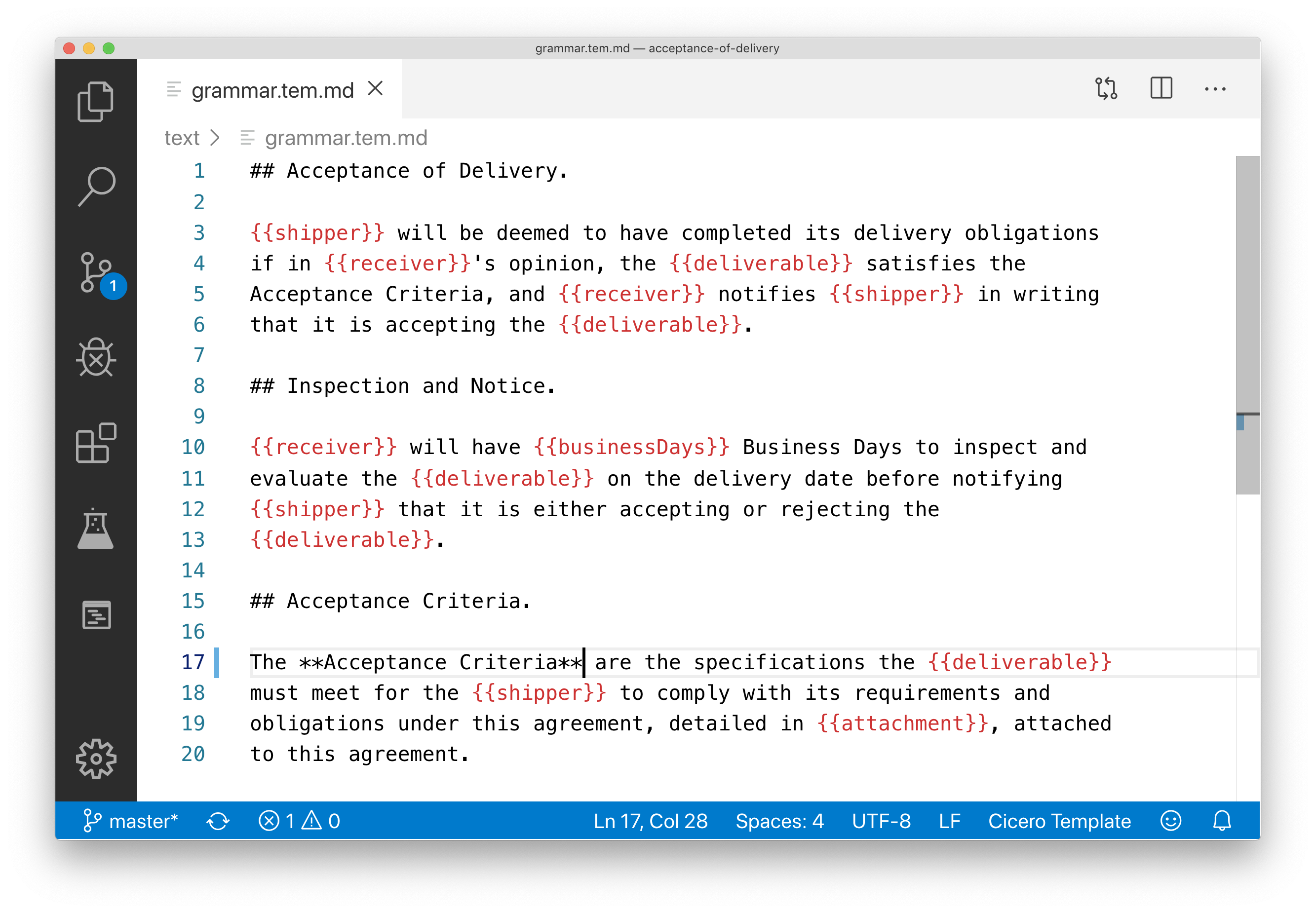 An example of an Accord Project template text. There are 3 paragraphs of a contract with variables in each paragraphs and markdown annotations for formatting